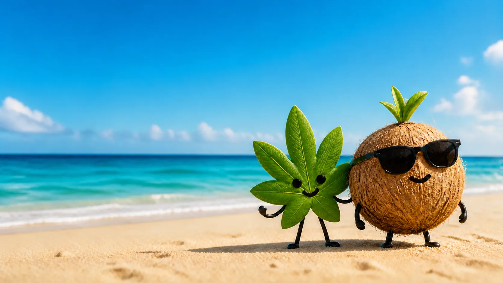 Coco y hoja COCO LOCO juntos en una playa celeste y dorada