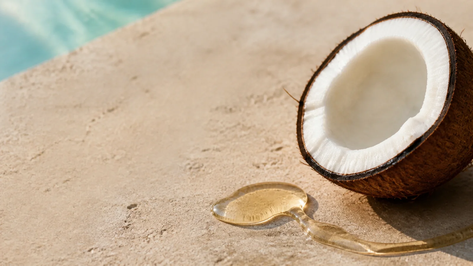 Coco abierto junto a aceite dorado sobre una superficie clara